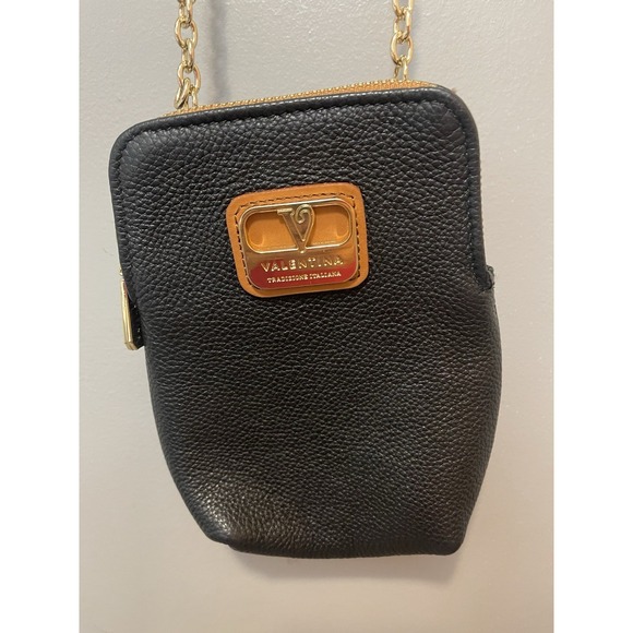Valentina Handbags - Valentina Italian Pebbled Leather Crossbody Bag Black Gold Chain 8X5